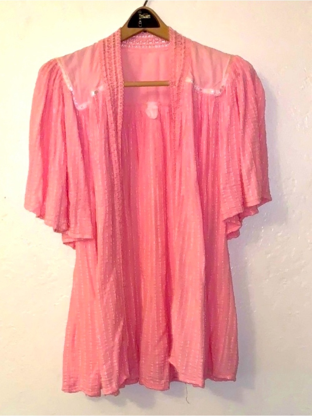 Vintage 60s Peignoir Robe Crochet Trim Satin Yoke Cotton Gauze Pink S - M